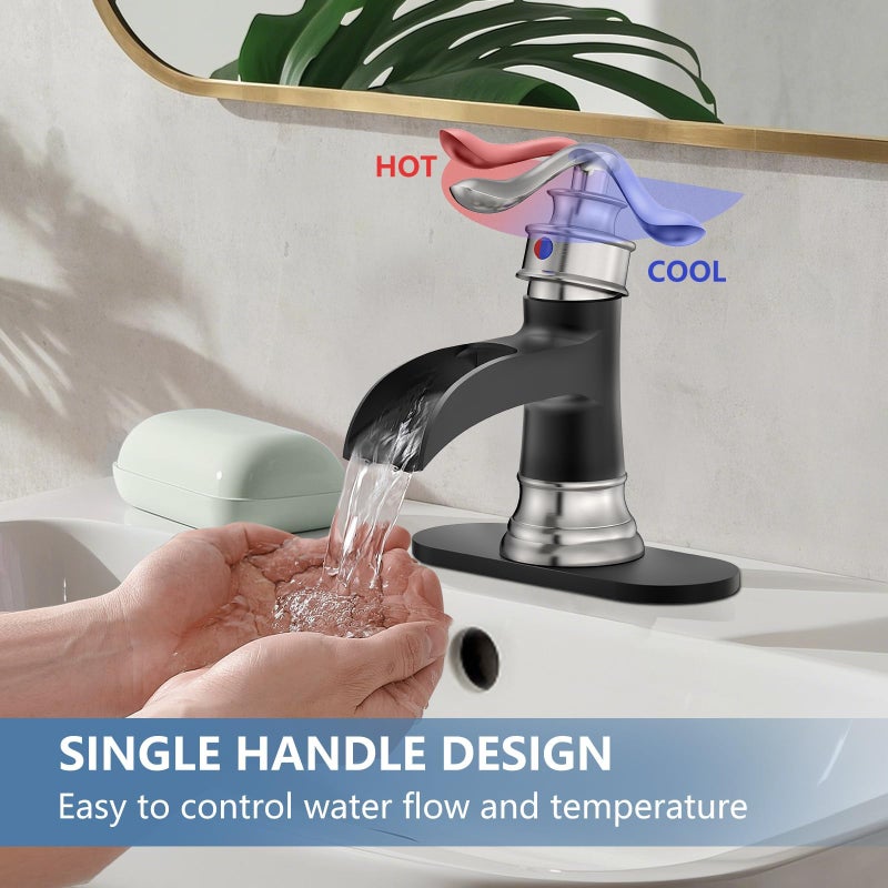Homevacious Bathroom Sink Faucet Waterfall Single Handle Matte Black and Brushed Nickel Lavatory Vanity Basin Mixer Tap One Hole Lever Deck Mount Commercial Supply Line - Image 5